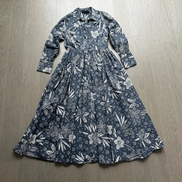 Hunter Bell Hattie Dress Midi Floral Printed Long Sleeves Blue Grey White - S - Picture 2 of 11